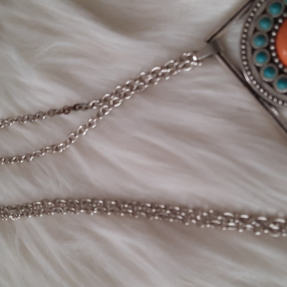 3/25$ sandstone faux turquoise/coral fringe fashion necklace silvertone - Picture 6 of 7